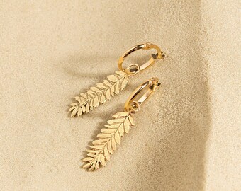 Solid Gold Leaf Earrings, 14k Gold Leaf Earrings, Unique Gold Jewelry, Hoop Leaf Earrings, Charm Hoop Earrings, 14k Gold Hoops with Charm