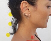 Gold Ear Climber Earrings, Celestial Jewelry, Fan Earrings, Edgy Spiky Earrings,Sun Ear Cuff,Ear Crawler Gold Earrings,Statement Ear Climber