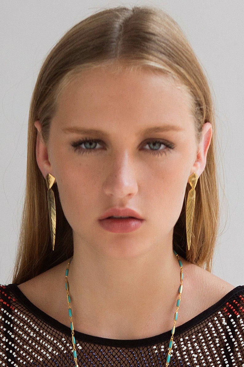 Gold Feather Earrings Long Gold Earrings Tribal Earrings - Etsy