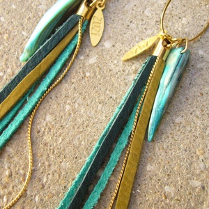 Leather Fringes Earrings, Turquoise leather Earrings, Leather Tassel Long Earrings, Boho Chic Fashion Earrings, Bird of Paradise Earrings image 4