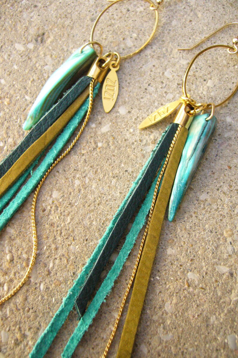 Leather Fringes Earrings, Turquoise leather Earrings, Leather Tassel Long Earrings, Boho Chic Fashion Earrings, Bird of Paradise Earrings image 4