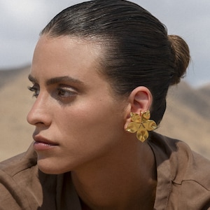 May include: A close-up of a gold-colored flower-shaped earring. The earring is worn on the ear of a person with dark hair pulled back. The background is a blurred desert landscape.