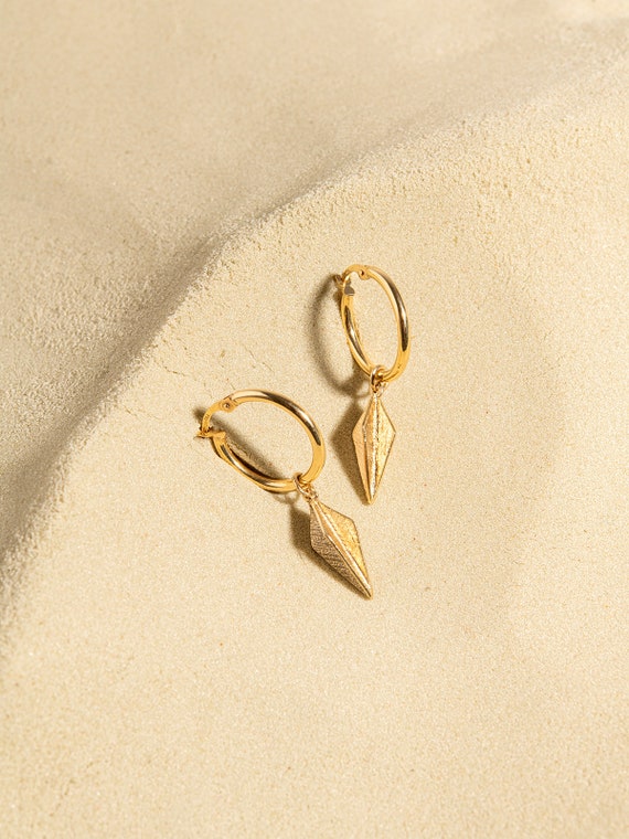 14k Gold Charm Hoop Earrings, Solid Gold Geometric Earrings  display picture 3