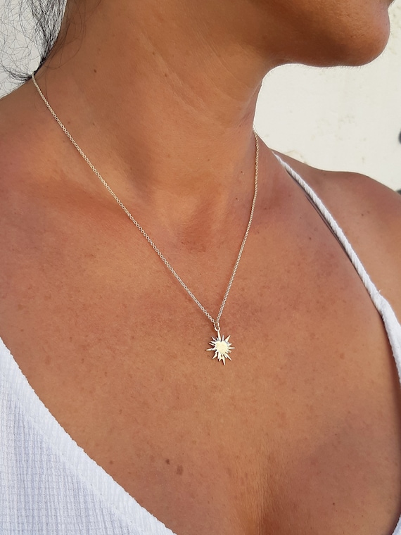 White Gold Sun Necklace Celestial Necklace Dainty Sun Necklace
