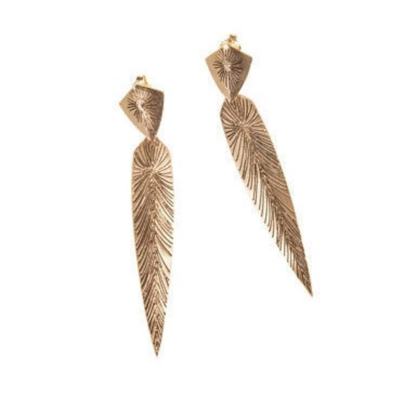 Gold Feather Earrings Long Gold Earrings Tribal Earrings Etsy