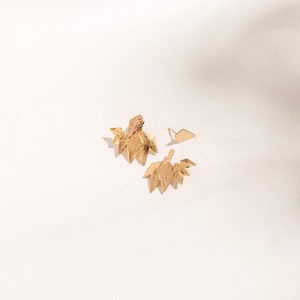 May include: A pair of gold-toned earrings with a geometric leaf design. The earrings are small and delicate, and they would be a great addition to any jewelry collection.