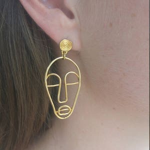 Single Earring for Women, Single Earring Gold, Wire Face Earrings, Statement Earring, Dangle Earring, African Mask Earrings, Tribal Jewelry