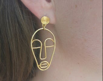 Single Earring for Women, Single Earring Gold, Wire Face Earrings, Statement Earring, Dangle Earring, African Mask Earrings, Tribal Jewelry