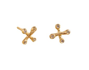 X Diamantörhängen, X Örhängen, Diamantörhängen i 14k guld, Smycken i massivt guld, Minimalistiska örhängen i 14k guld, Eleganta örhängen i 14k guld