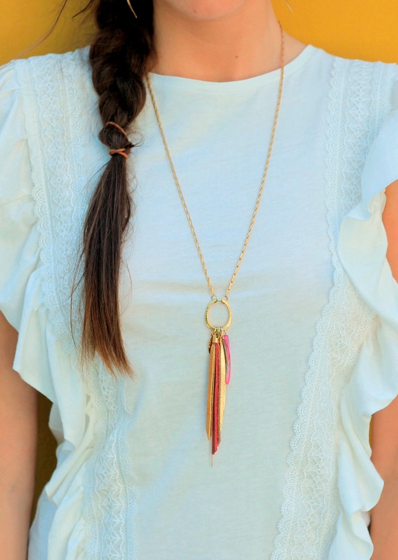 Long Gold necklace, Fringe Necklace, Long leather necklace, Multi Charm necklace, Boho long necklace, Colorful necklace, Bohemian Necklace.. image 2