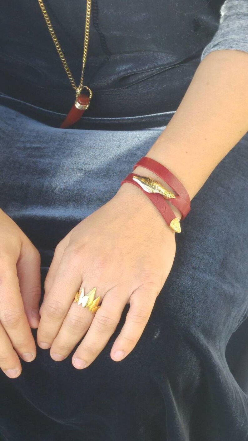 Gold Snake Bracelet, Double Wrap Leather Bracelets for Women, Ouroboros Bracelet, Serpent Bracelet, Boho Bracelet, Choker, Israel Jewelry Red (1)