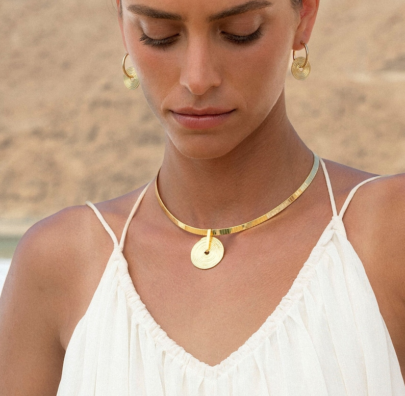 Gold Moon Choker Necklace, Gold Moon Choker, Boho Wedding Jewelry, Unique Bridal Necklace, Gold Disc Necklace, Large Moon Pendant, Bridal image 1