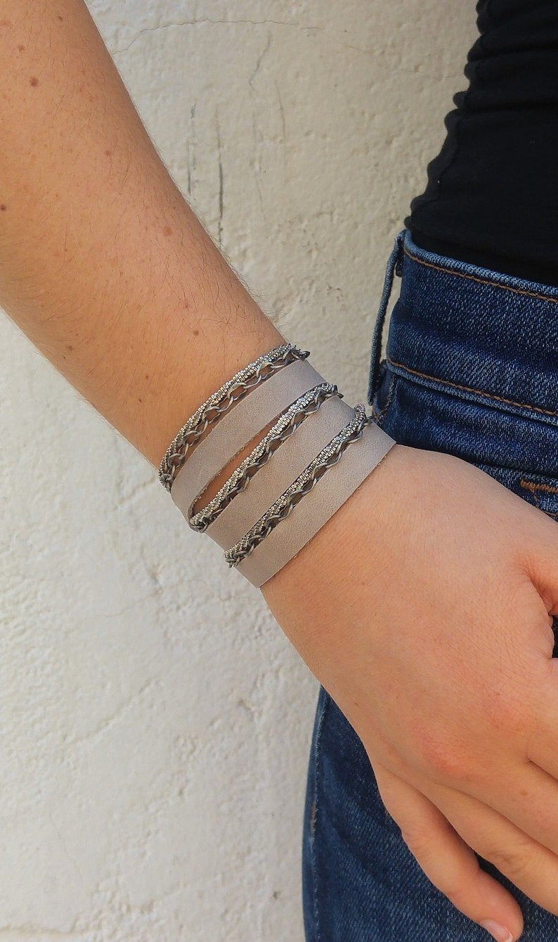 Triple Wrap Leather Bracelet Leather Silver Wrap Bracelet Women Leather and Silver Wrap Bracelet Multi Wrap Leather and Chain Bracelet