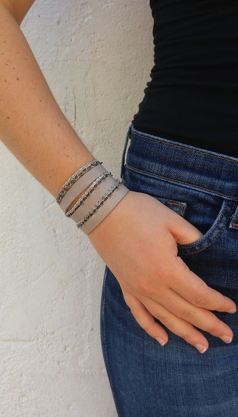 Triple Wrap Leather Bracelet Leather Silver Wrap Bracelet Women Leather and Silver Wrap Bracelet Multi Wrap Leather and Chain Bracelet