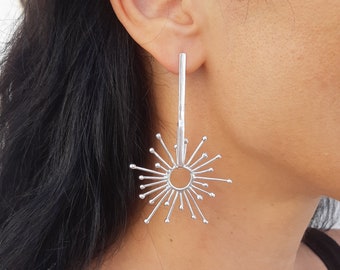 Sun Earrings, Large Silver Dangle Earrings, Celestial Jewelry, Long Statement Earrings, Earrings for Girlfriend, Sun Dangle Earrings