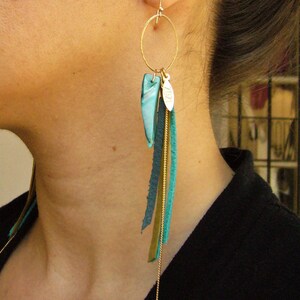 Leather Fringes Earrings, Turquoise leather Earrings, Leather Tassel Long Earrings, Boho Chic Fashion Earrings, Bird of Paradise Earrings image 5