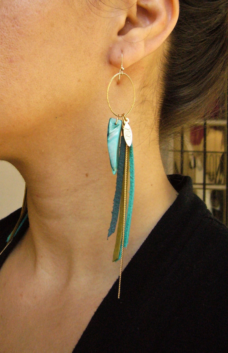 Leather Fringes Earrings, Turquoise leather Earrings, Leather Tassel Long Earrings, Boho Chic Fashion Earrings, Bird of Paradise Earrings image 5