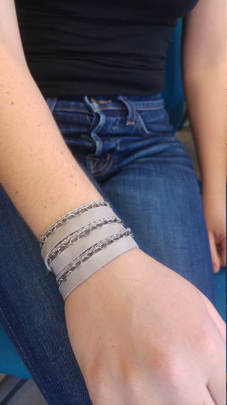 Triple Wrap Leather Bracelet Leather Silver Wrap Bracelet Women Leather and Silver Wrap Bracelet Multi Wrap Leather and Chain Bracelet