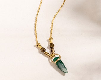 Tusk Necklace, Horn Necklace, Unique Gemstone Jewelry, Gold Layered Necklace, Green Stone Necklace, Long Gold Necklace, Large Stone Necklace