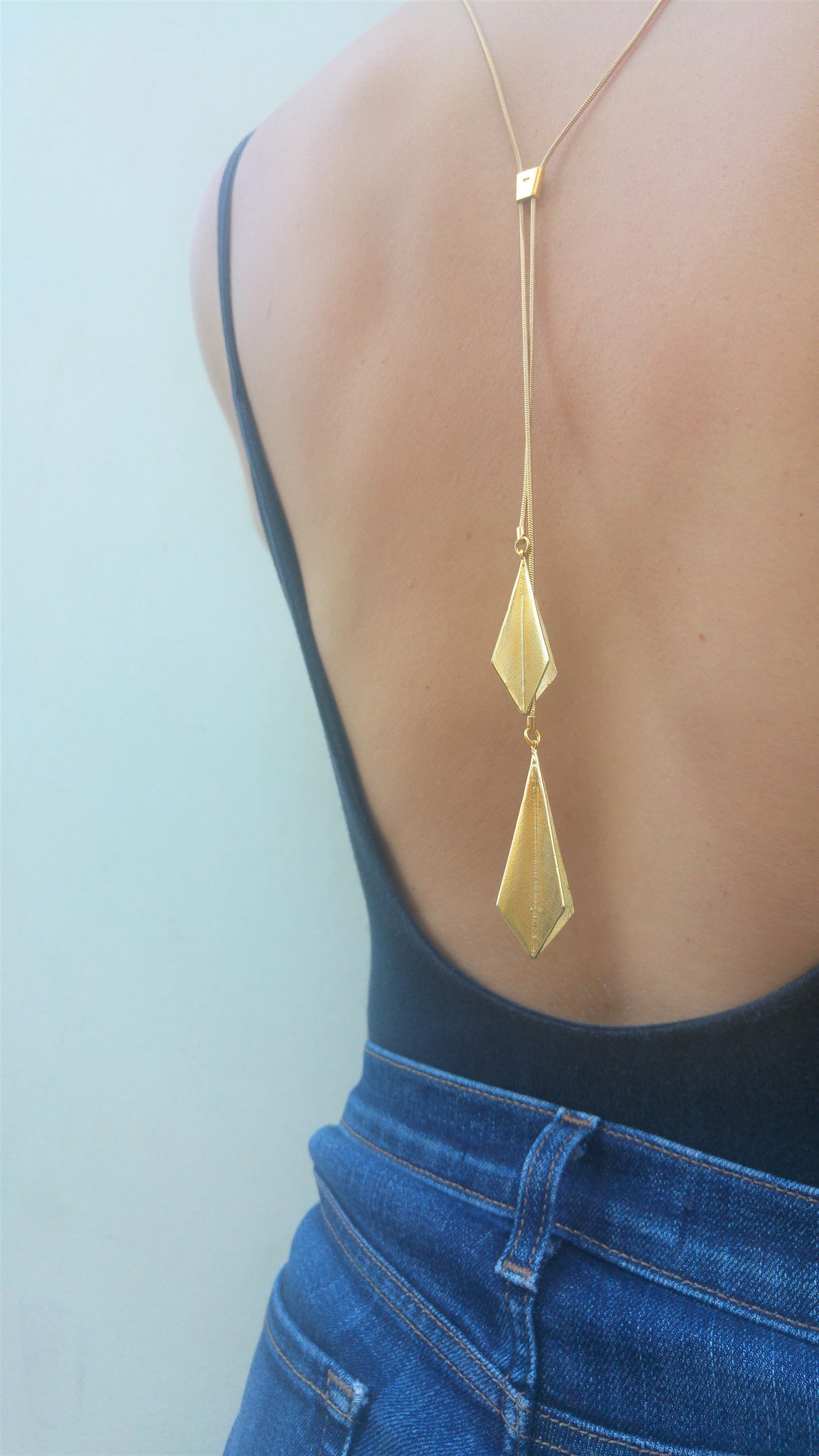 Gold Drop Necklace Gold Lariat Necklace Gold Back Drop Etsy