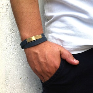 Custom Mens Leather Bracelet. Personalized Bracelet for men. Engraved Bracelet. Leather and Brass Bracelet. Bar Bracelet. Gift for men Midnight Blue (6)