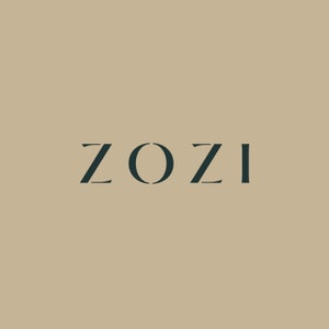 May include: The word "ZOZI" in a dark teal color is centered on a tan background. The letters are in a serif font, with the letter "O" having an open design.