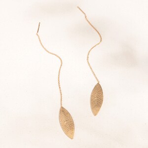 Rose Gold Threader Earrings, Ear Thread Earrings, Long Threaded Earrings, Feather Chain Earrings, Leaf Earrings, Single Pull Through Earring image 2