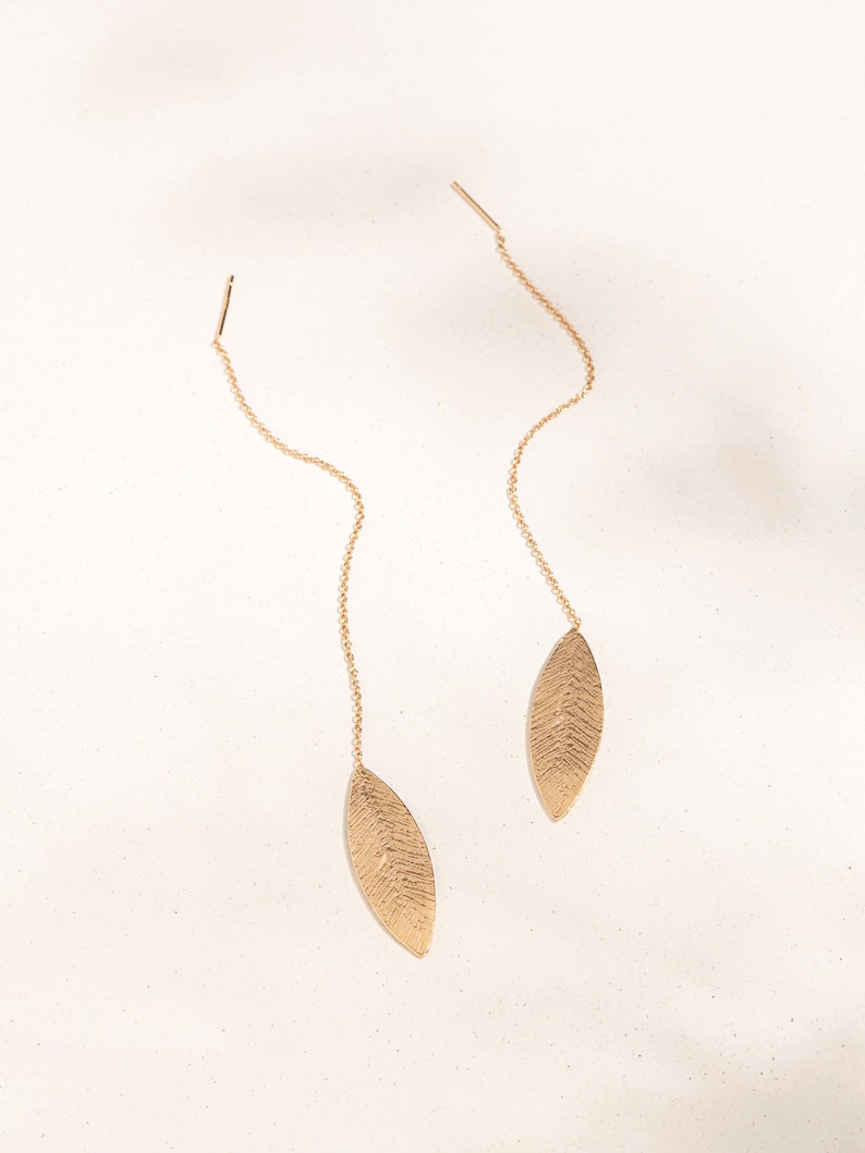 Rose Gold Threader Earrings, Ear Thread Earrings, Long Threaded Earrings, Feather Chain Earrings, Leaf Earrings, Single Pull Through Earring image 2