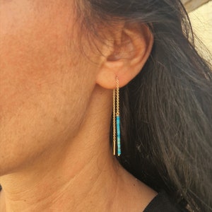 Gold Threader Earrings, Gold Turquoise Jewelry, Solid Gold Chain Earrings, 14k Gold and Gemstone Earrings, Natural Turquoise Earrings, 14k