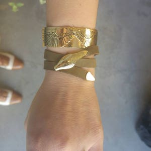 Gold Snake Bracelet, Double Wrap Leather Bracelets for Women, Ouroboros Bracelet, Serpent Bracelet, Boho Bracelet, Choker, Israel Jewelry Olive Green (5)