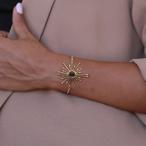 Sun Bracelet, Statement Gold Bracelet, Sun Jewelry, Unique Gold Bracelet, Wide Gold Bracelet, Large Pendant Bracelet, Celestial Bracelet Gold Plated