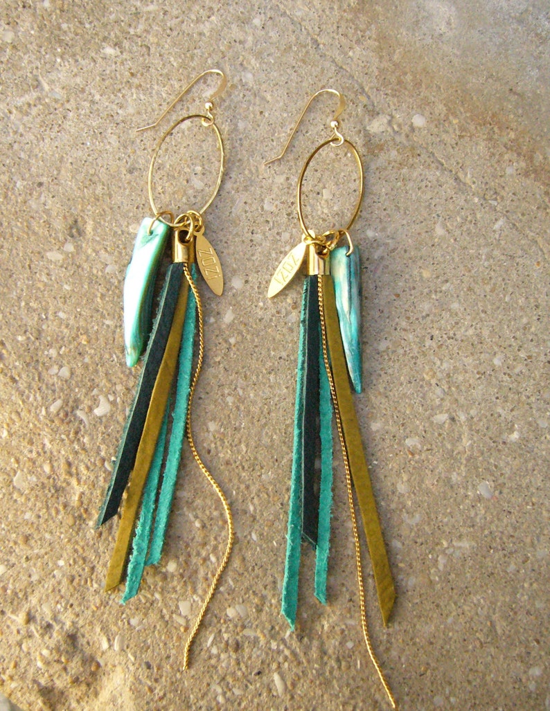 Leather Fringes Earrings, Turquoise leather Earrings, Leather Tassel Long Earrings, Boho Chic Fashion Earrings, Bird of Paradise Earrings image 6