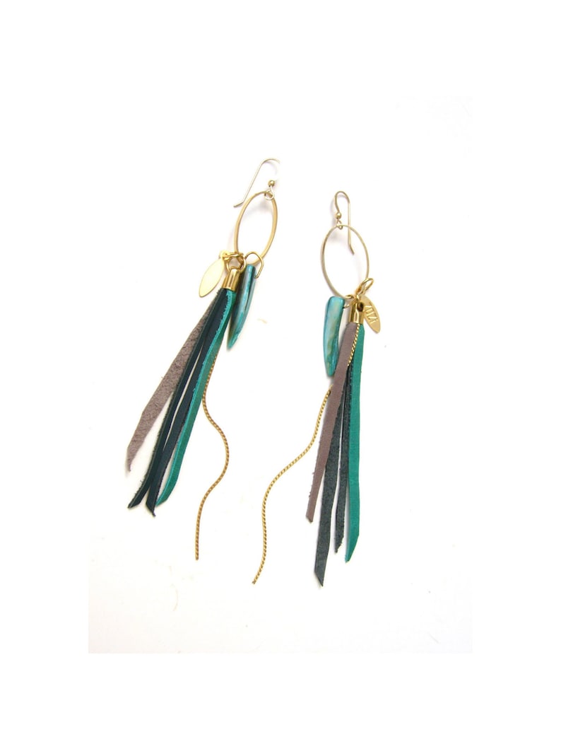 Leather Fringes Earrings, Turquoise leather Earrings, Leather Tassel Long Earrings, Boho Chic Fashion Earrings, Bird of Paradise Earrings image 1