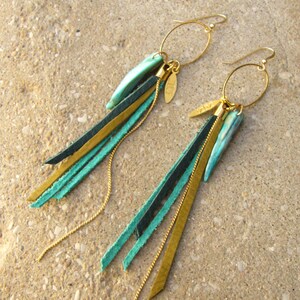 Leather Fringes Earrings, Turquoise leather Earrings, Leather Tassel Long Earrings, Boho Chic Fashion Earrings, Bird of Paradise Earrings image 3