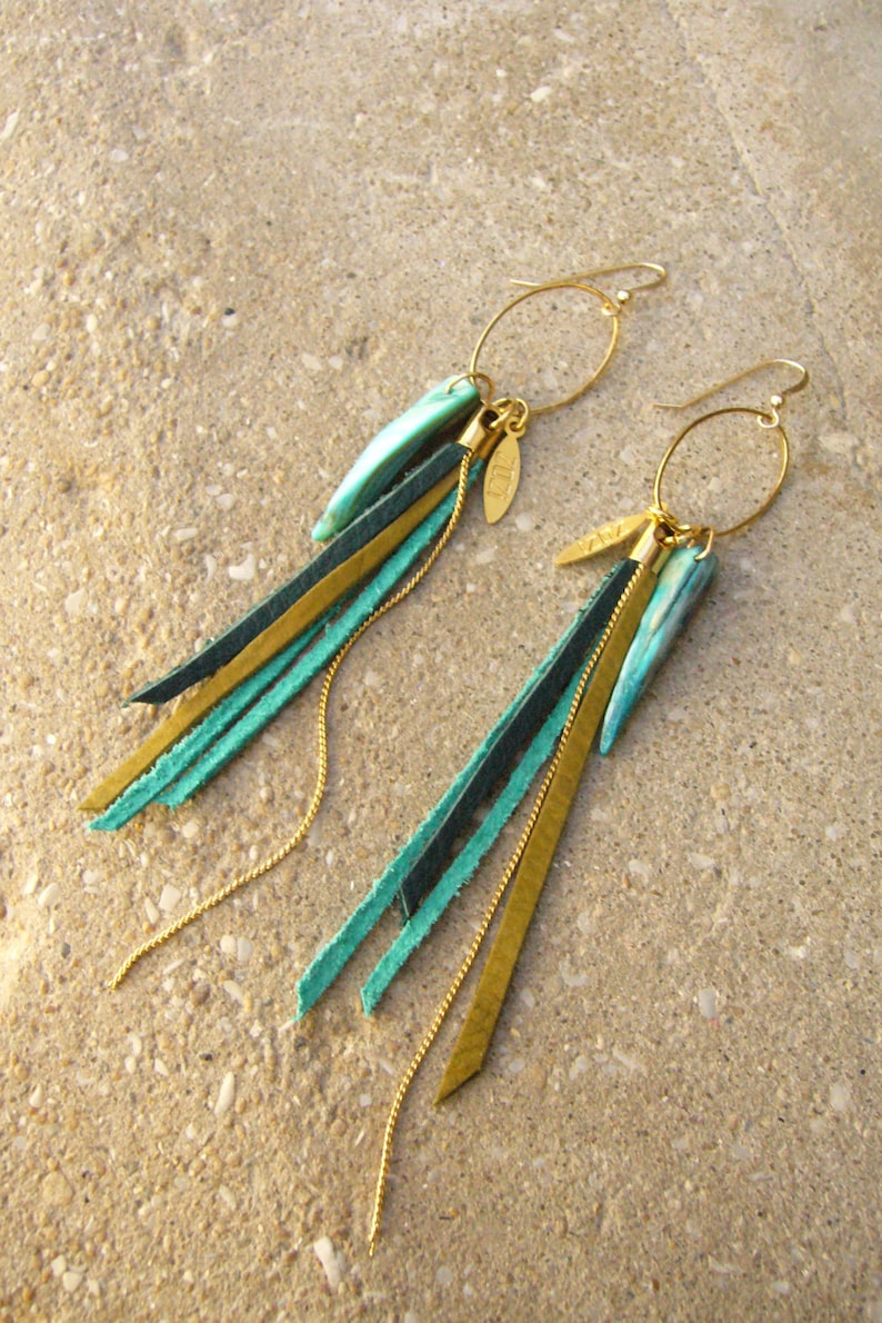 Leather Fringes Earrings, Turquoise leather Earrings, Leather Tassel Long Earrings, Boho Chic Fashion Earrings, Bird of Paradise Earrings image 3