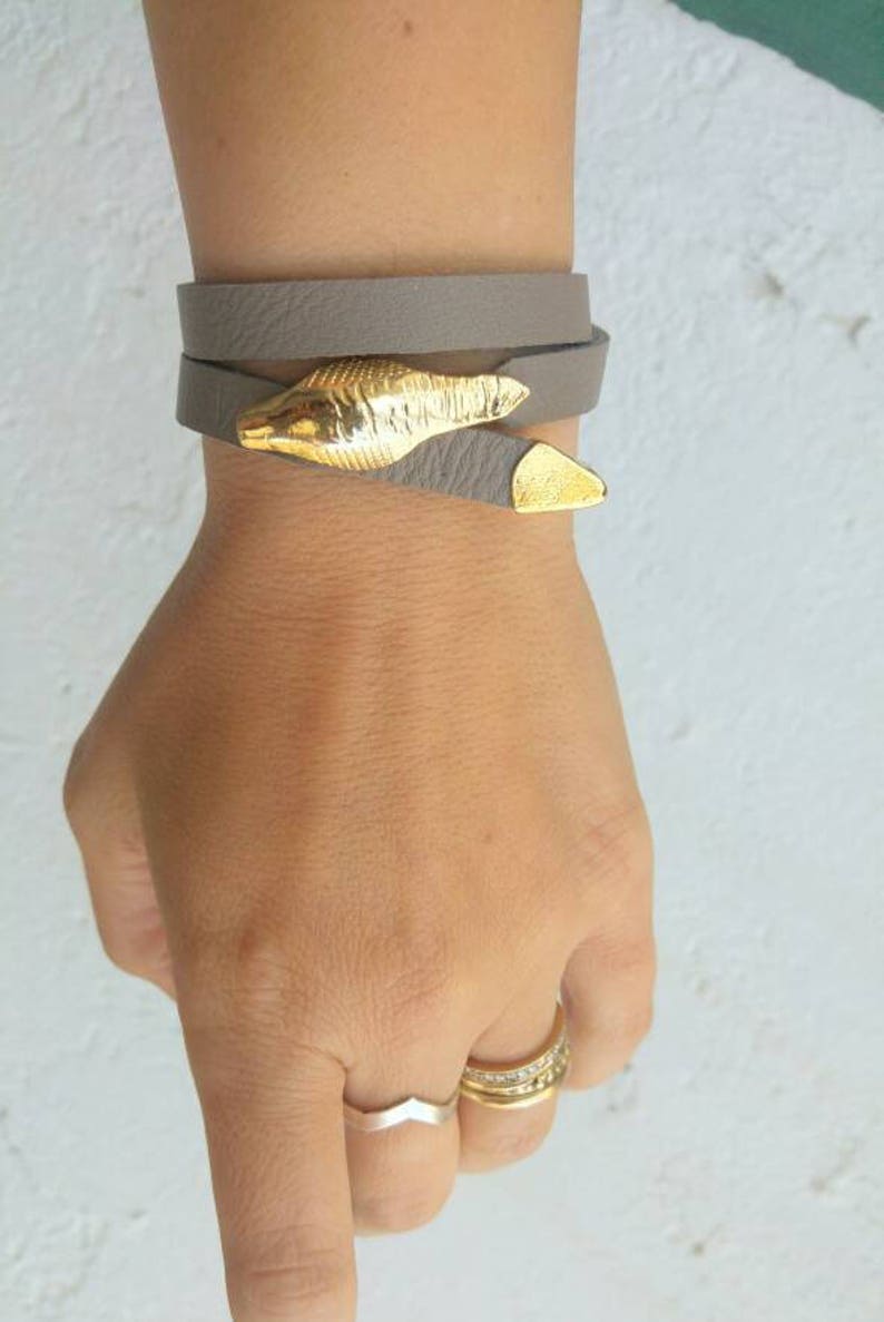 Gold Snake Bracelet, Double Wrap Leather Bracelets for Women, Ouroboros Bracelet, Serpent Bracelet, Boho Bracelet, Choker, Israel Jewelry Gray (7)