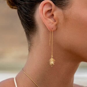 14k Gold Threader Earrings, Organic Earrings, Long Threader Earrings Women, Bohemian Wedding Jewelry, Botanical Earrings, Gold Fern Earrings