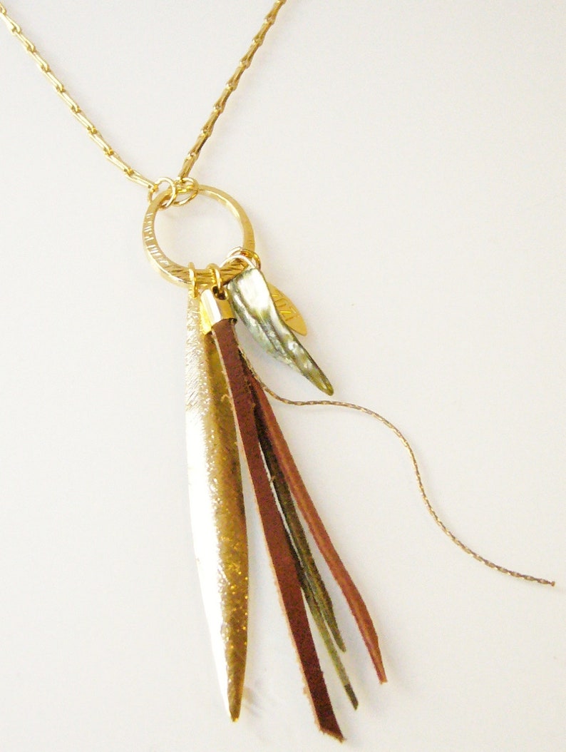 Long Gold necklace, Fringe Necklace, Long leather necklace, Multi Charm necklace, Boho long necklace, Colorful necklace, Bohemian Necklace.. image 3