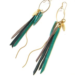 Leather Fringes Earrings, Turquoise leather Earrings, Leather Tassel Long Earrings, Boho Chic Fashion Earrings, Bird of Paradise Earrings image 2