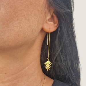 Unique Threader Earrings, Organic Earrings, Long Dangle Earrings Women, Botanical Earrings, Empowering Jewelry, Gold Threader Earrings, Fern