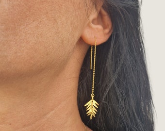 Unique Threader Earrings, Organic Earrings, Long Dangle Earrings Women, Botanical Earrings, Empowering Jewelry, Gold Threader Earrings, Fern