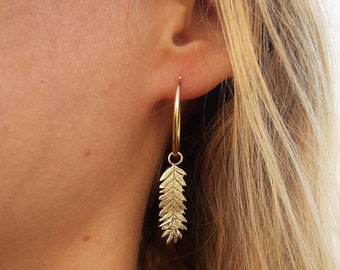14k Gold Leaf Earrings, Leaf Hoop Earrings, Solid Gold Jewelry, Long Leaf Earrings, Solid Gold Leaf Earrings, Hoop Earrings with Charm