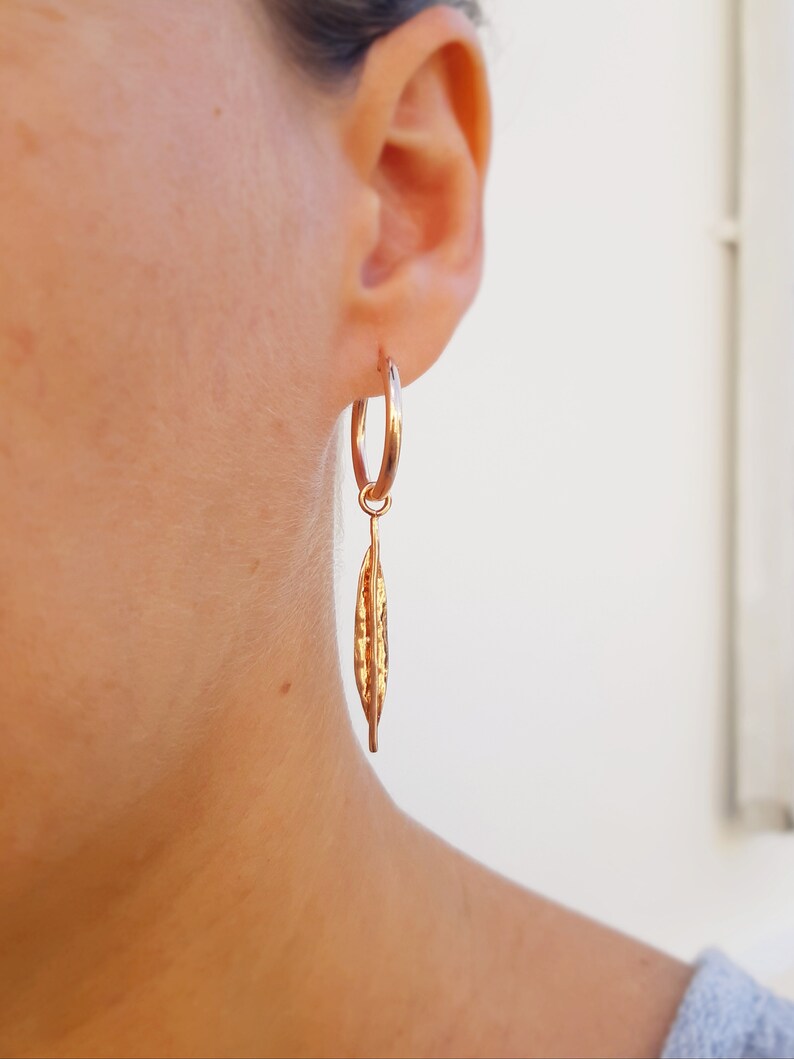 Leaf Hoops Drop Hoops Leaf Earrings Gold Charm Hoops Hoop Etsy