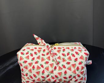 Handmade cosmetic bag made of cotton fabric with strawberry and watermelon print, padded, 22×12×8 cm