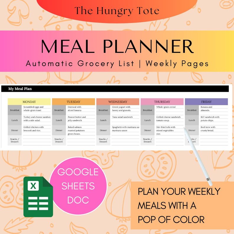 Digital Weekly Meal Planner: Automated Grocery List Google Sheets ...