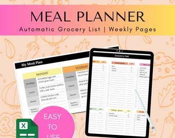 May include: A digital meal planner with a grocery list. The meal planner has a black and white design with yellow and orange accents. The grocery list has a black and white design with yellow, orange, and green accents. The text on the meal planner says "My Meal Plan", "Monday", "Tuesday", "Breakfast", "Lunch", "Dinner", "Snacks/Dessert", and "Easy to Use". The text on the grocery list says "Grocery List".