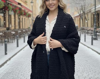 Hand Knit Oversized Shawl, Mega Size Black Knit Wrap, Cozy Chunky Shawl, Handmade Winter Wrap, Gift for Her