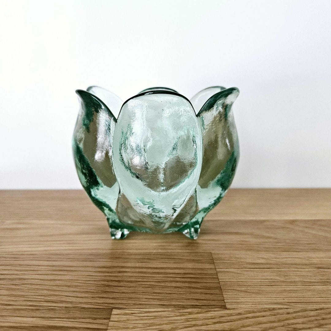 Vintage Spanish Recycled Green Glass Footed Tulip Bowl, Votive Holder ...