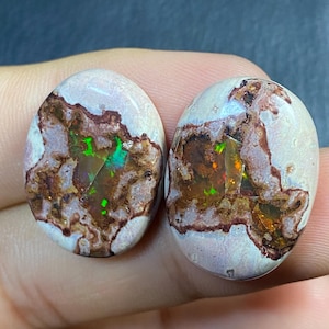 Mexican Fire Opal Pair in Matrix: Collectible Gemstone Cabochons