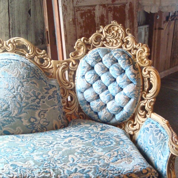 Tufted Sofa, Shabby chic, Hollywood Regency, Two Piece, Ivory and Blue,romantic French Louis style, Frosty Blue BOHO Chic LAYAWAY Terms